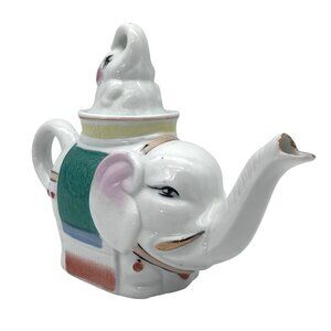 Vintage Elephant Porcelain Ceramic Teapot And Baby Elephant Calf Lid Gold Accent